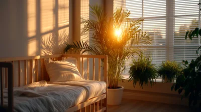 Sunlit Nursery Room With Wooden Crib And Houseplants