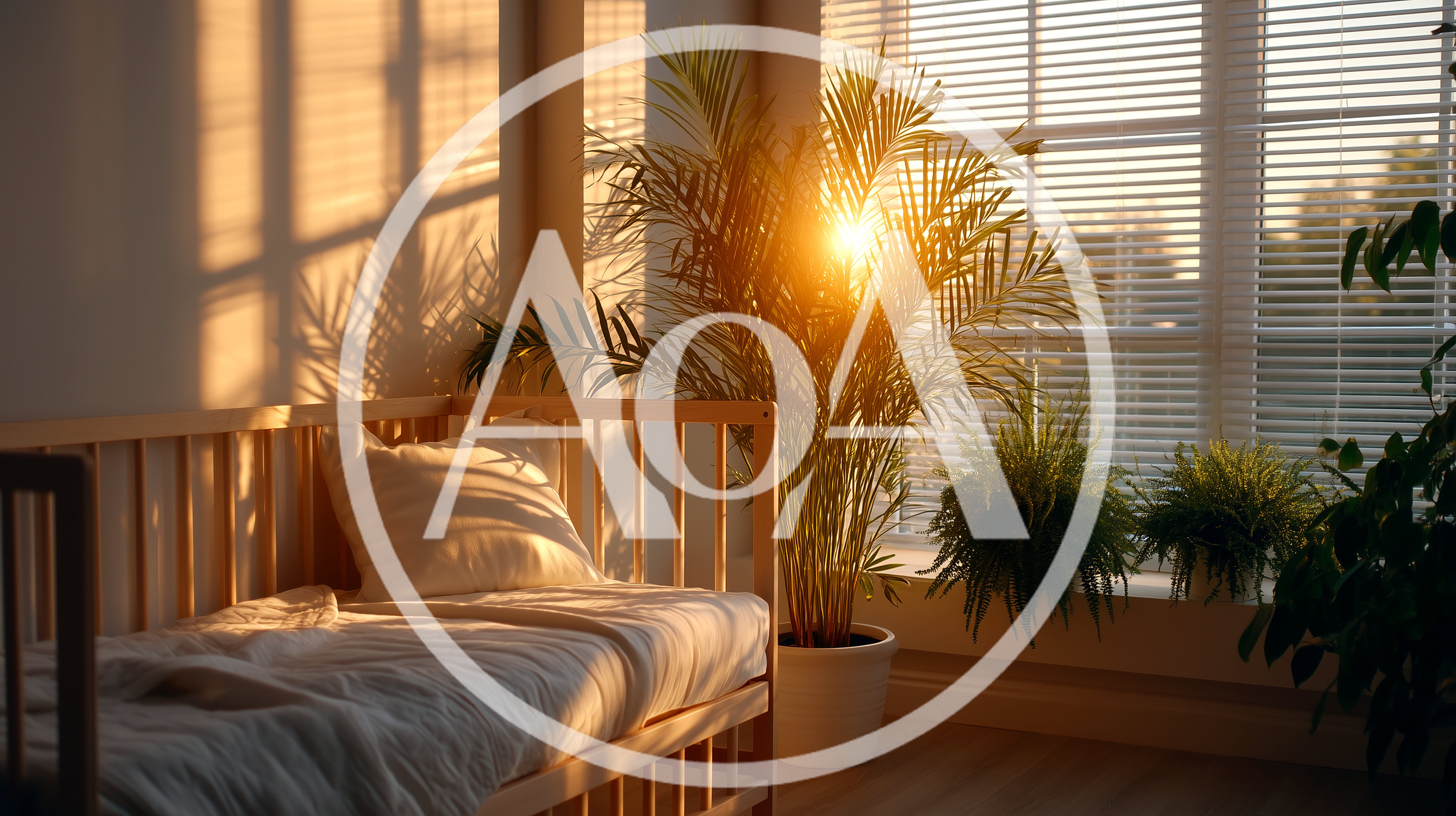 Sunlit Nursery Room With Wooden Crib And Houseplants