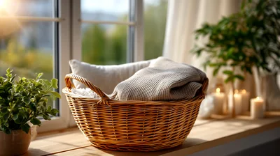 Wicker Basket With Blanket On Sunny Window Sill