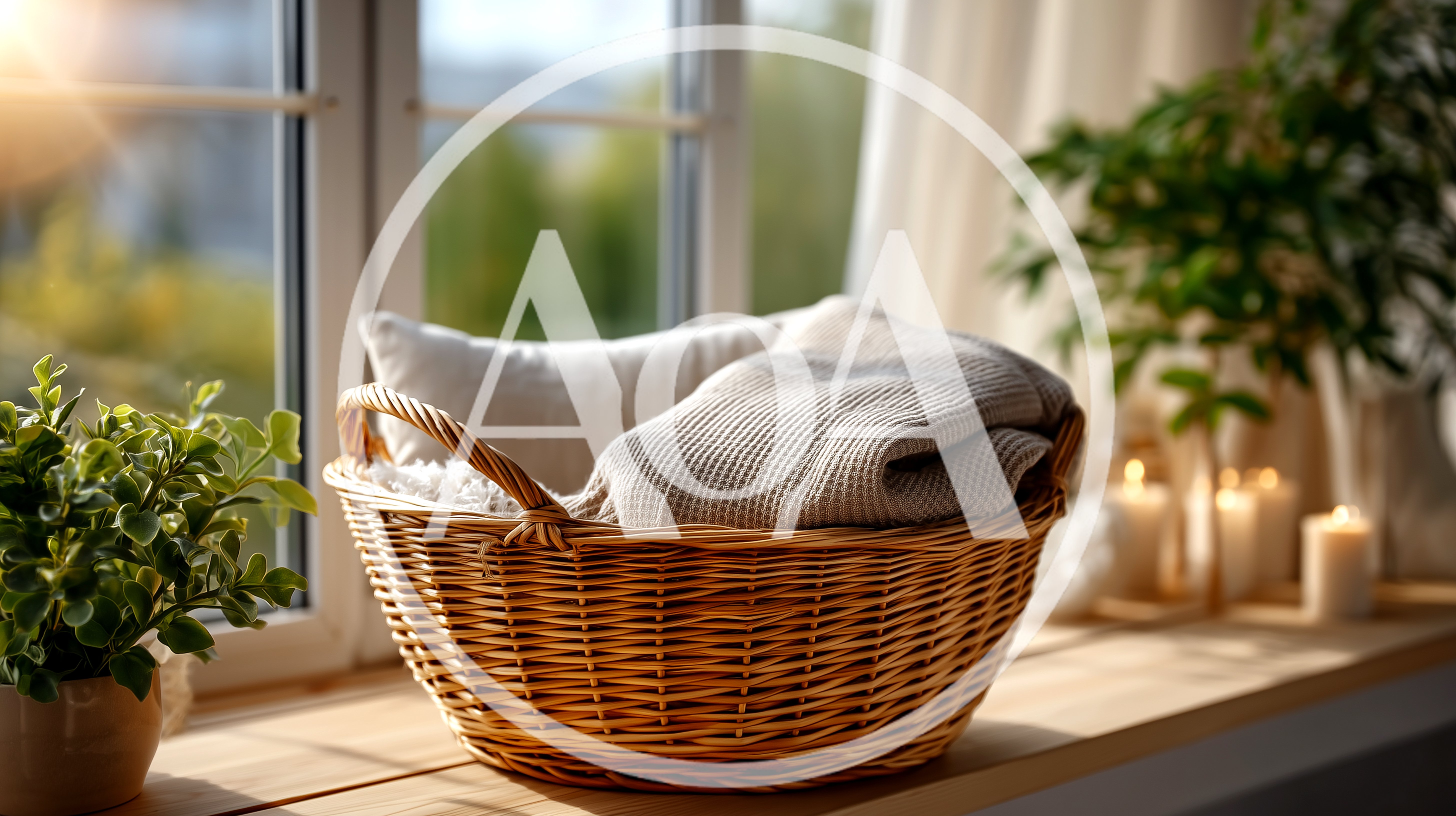 Wicker Basket With Blanket On Sunny Window Sill