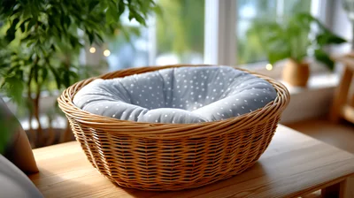 Wicker Pet Bed With Polka Dot Cushion