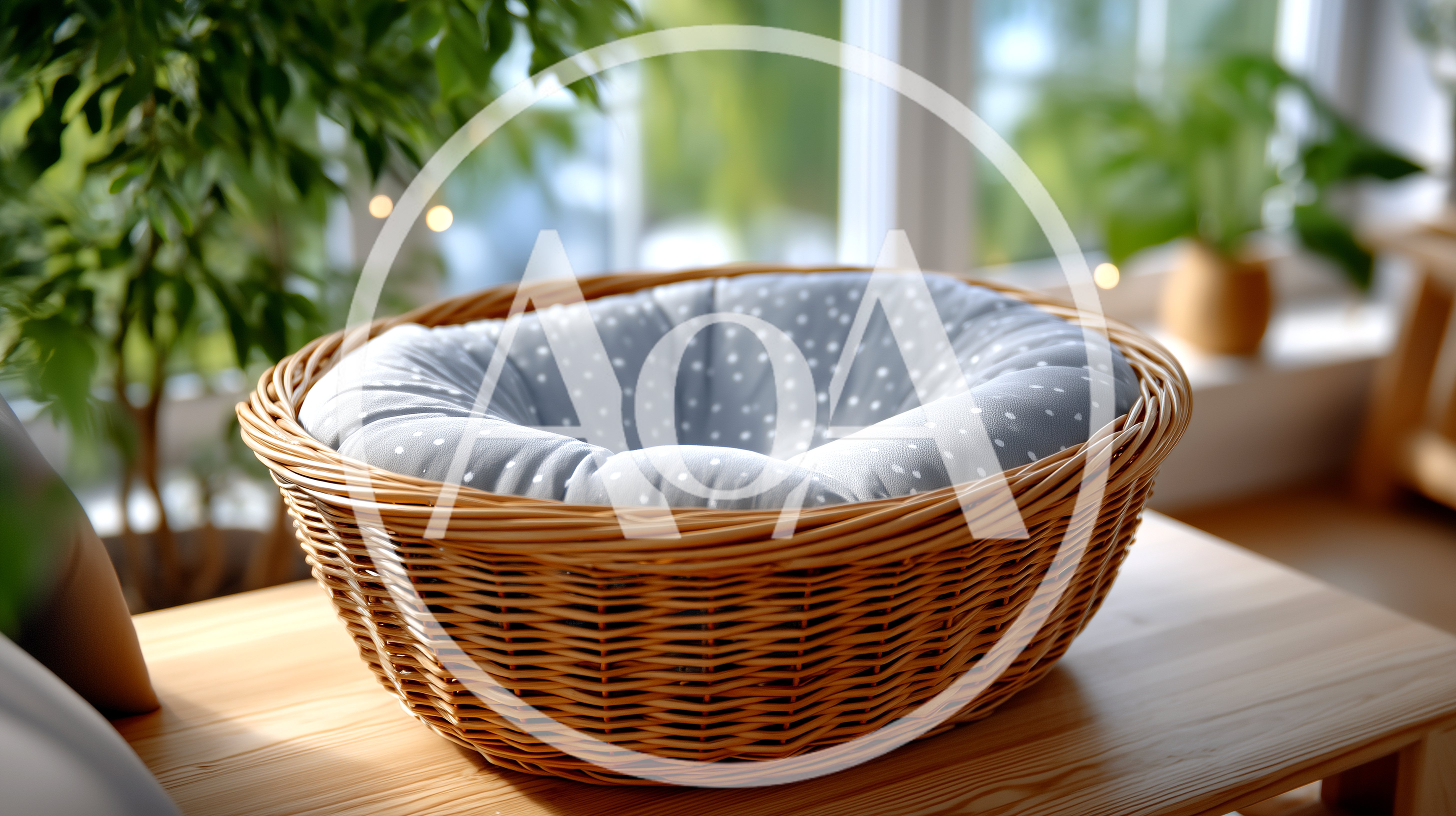 Wicker Pet Bed With Polka Dot Cushion