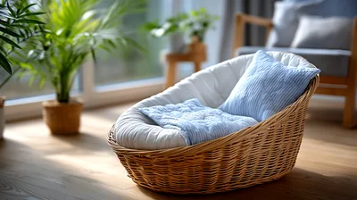 Wicker Baby Bassinet With Blue Bedding In Sunlit Room