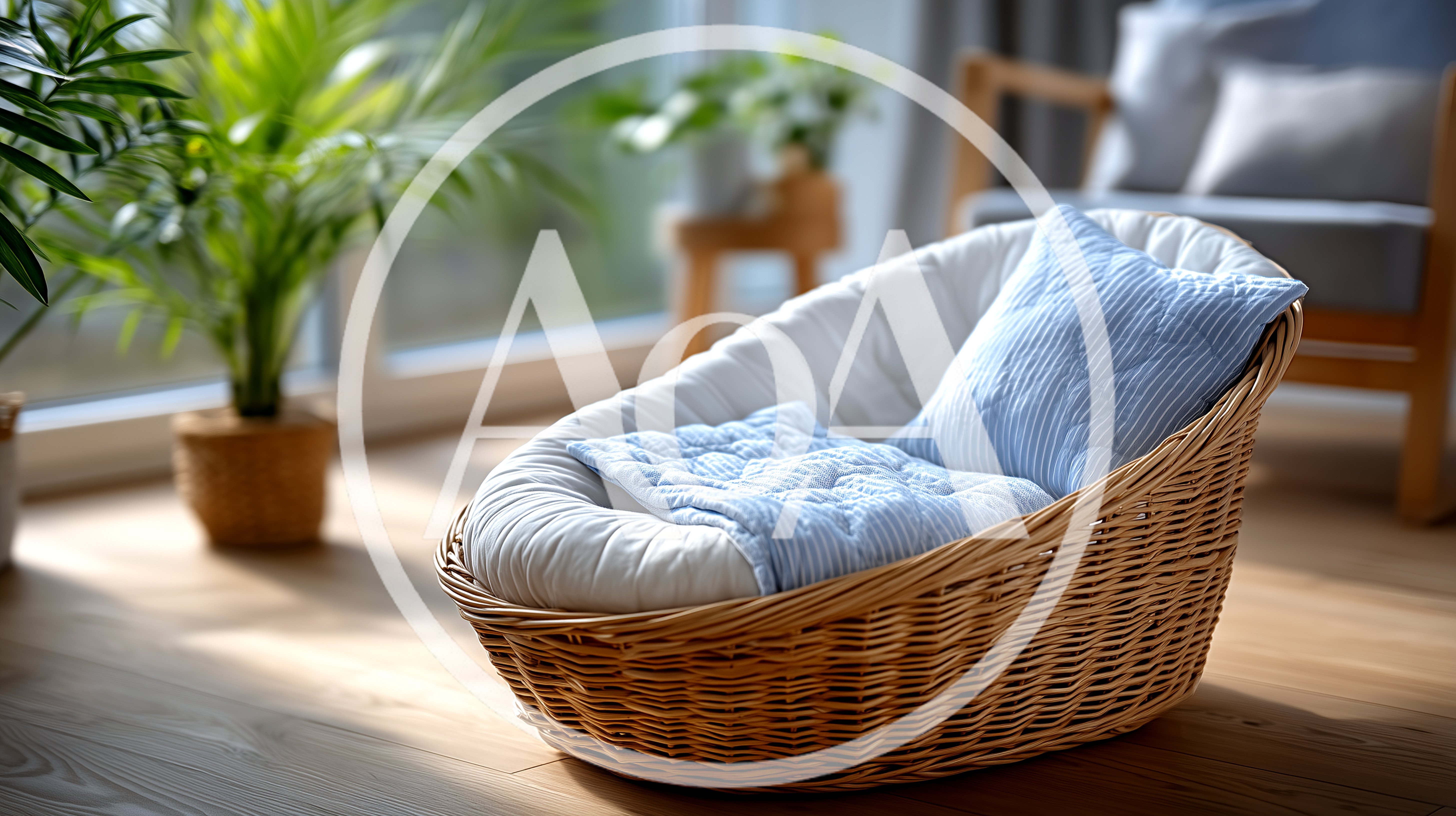 Wicker Baby Bassinet With Blue Bedding In Sunlit Room