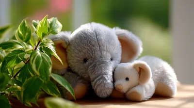 Plush Elephant Toys Resting Beside A Potted Plant