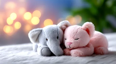Two Plush Toys Sleeping Together On A Soft Surface