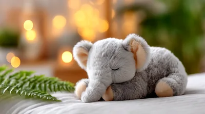 Plush Elephant Toy Sleeping On A Bed