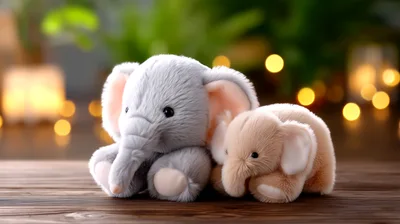 Two Plush Elephant Toys Sitting on Wooden Surface