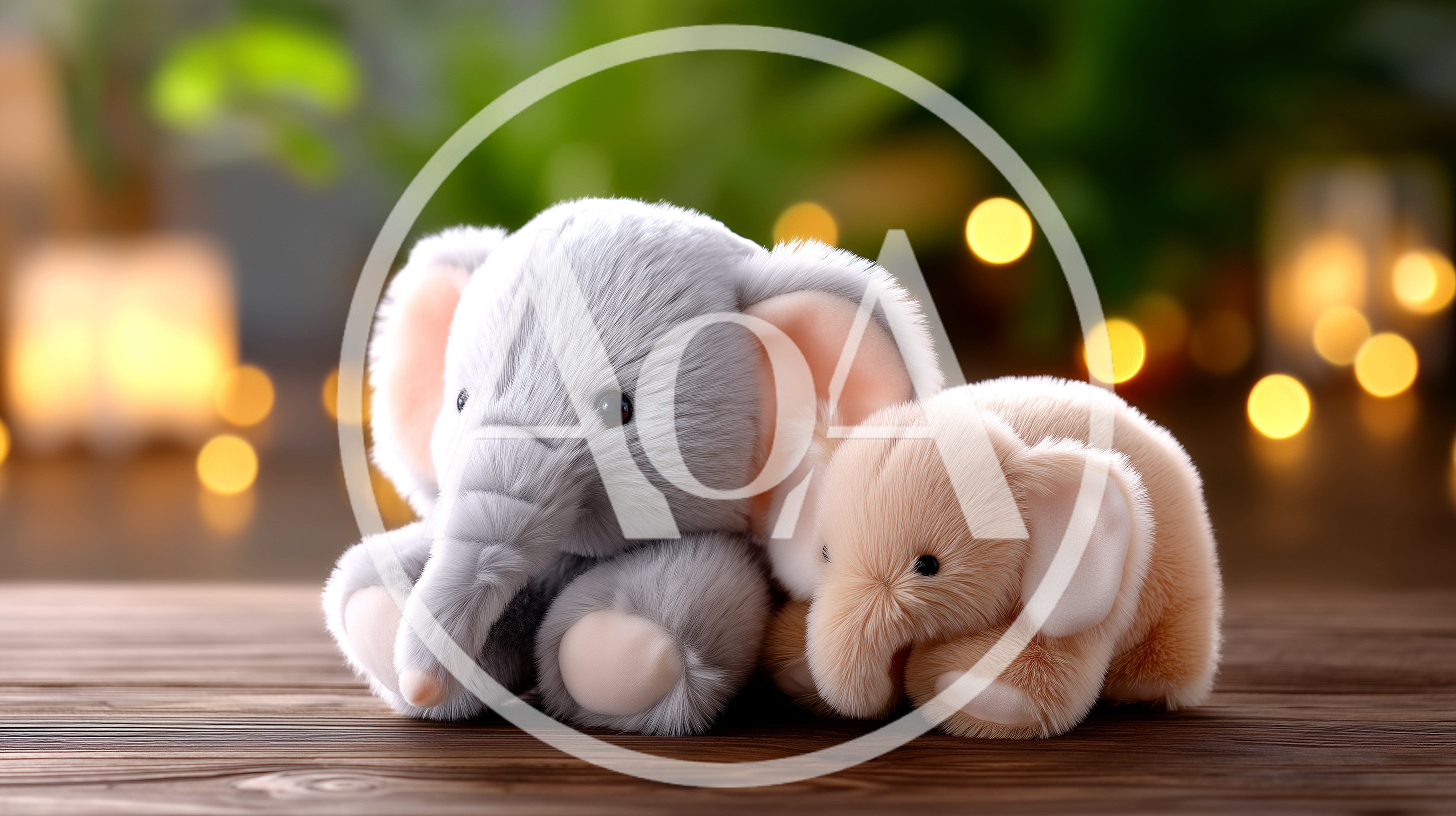 Two Plush Elephant Toys Sitting on Wooden Surface