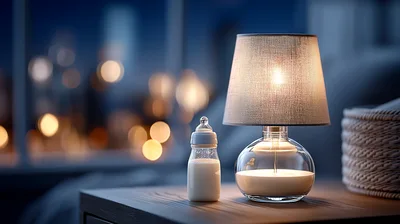 Baby Bottle And Night Lamp On Bedside Table