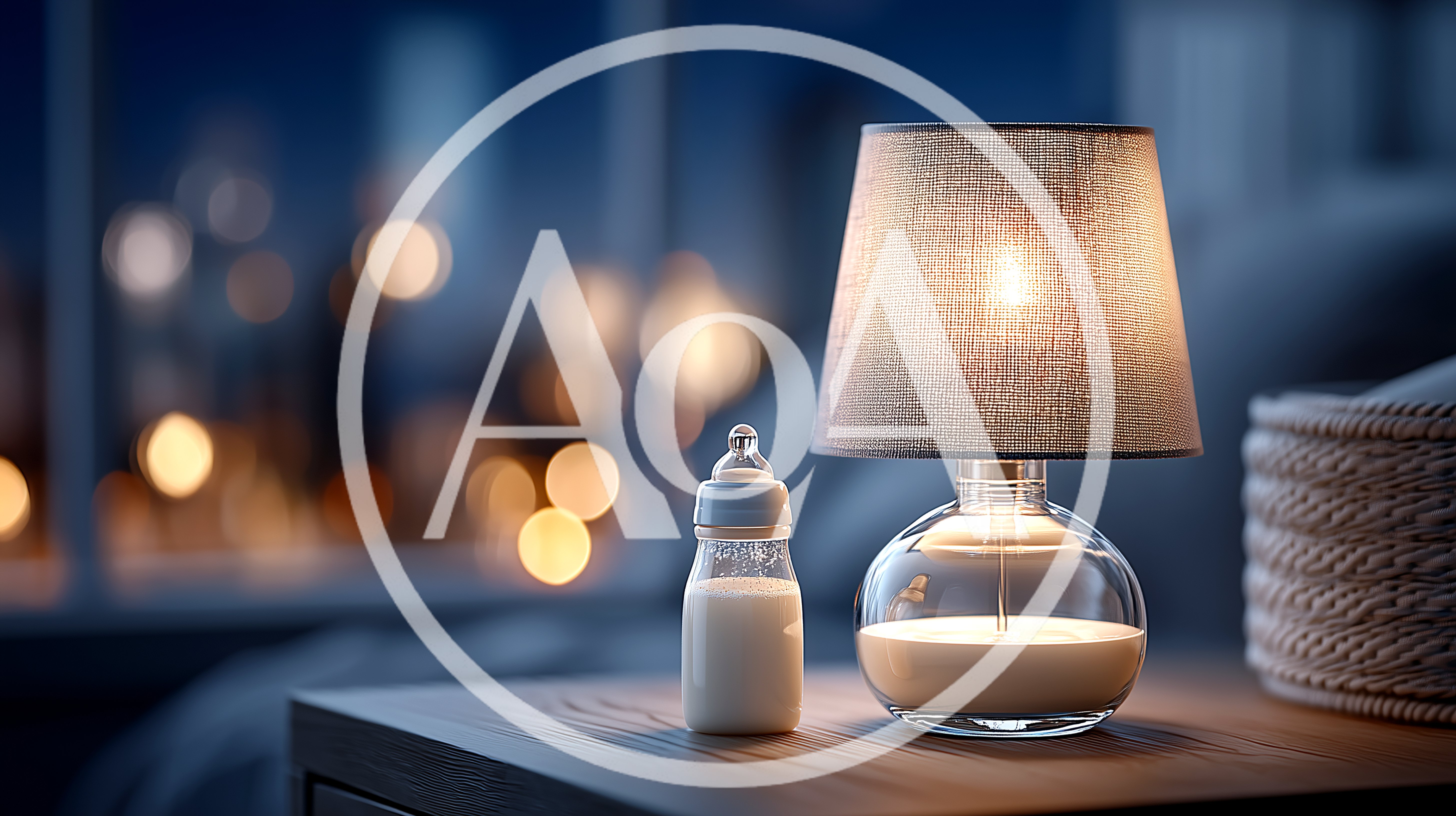 Baby Bottle And Night Lamp On Bedside Table
