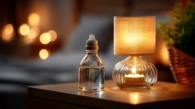Glass Bottle And Candle Lamp On Nightstand