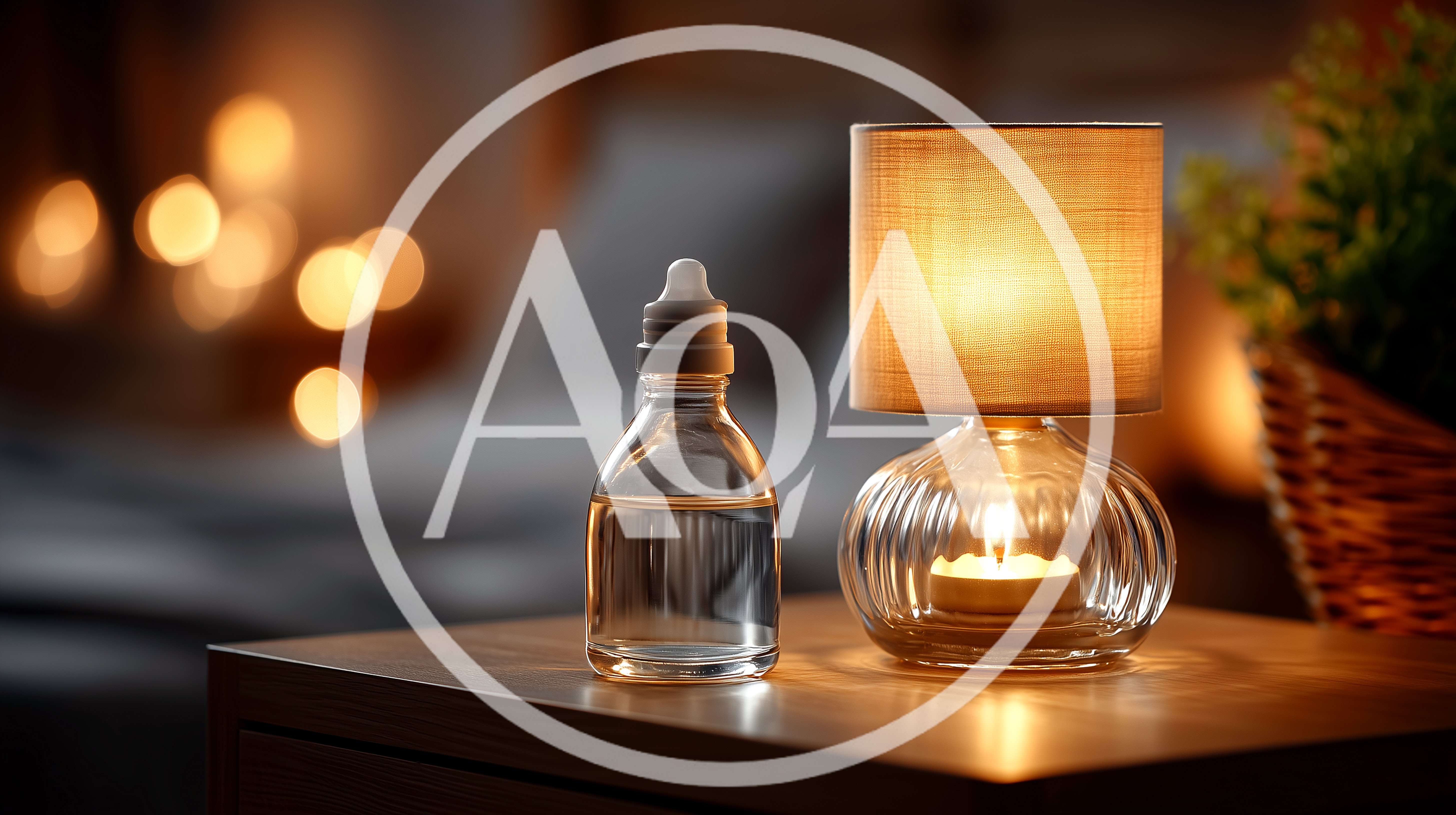 Glass Bottle And Candle Lamp On Nightstand