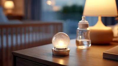 Glowing Night Light On A Nursery Bedside Table