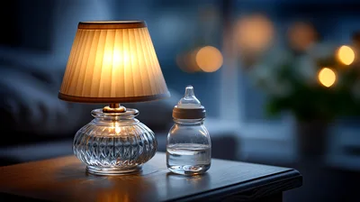 Baby Bottle And Table Lamp On Nightstand