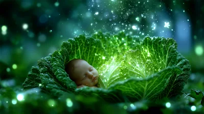 Newborn Baby Sleeping Inside A Glowing Green Cabbage