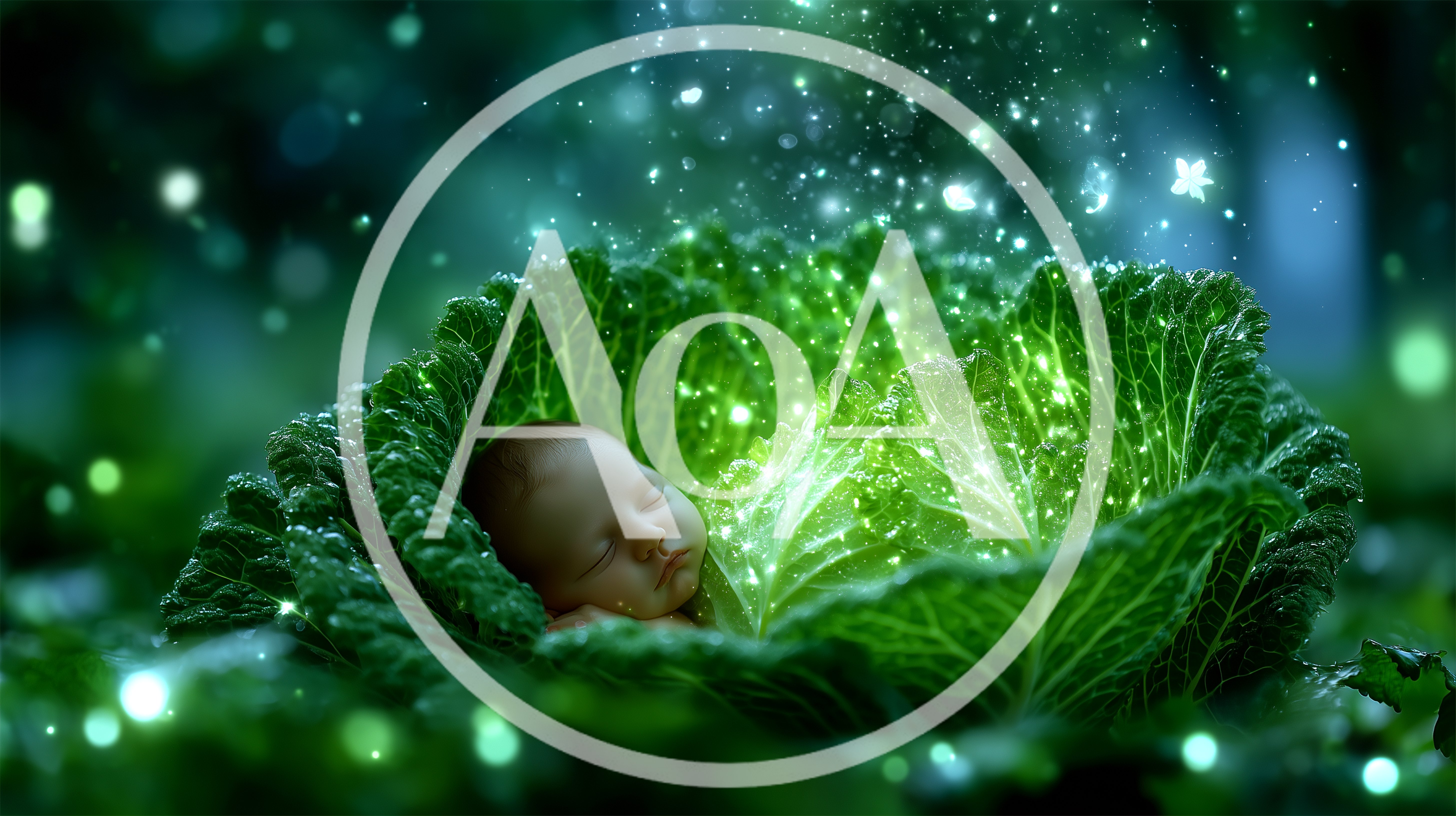 Newborn Baby Sleeping Inside A Glowing Green Cabbage