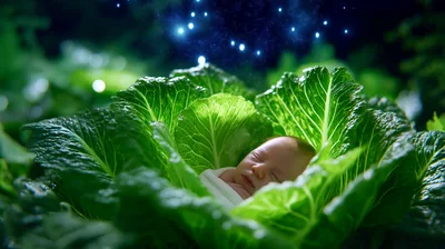 Newborn Baby Sleeping Inside A Large Green Cabbage