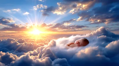 Newborn Baby Sleeping Peacefully On Fluffy Clouds