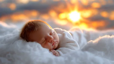 Newborn Baby Sleeping Peacefully On Soft White Clouds