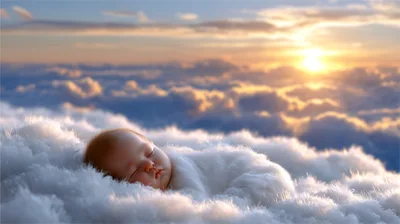 Newborn Baby Sleeping Peacefully On Fluffy Clouds