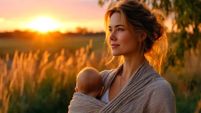 Mother Carrying Baby In Wrap At Sunset