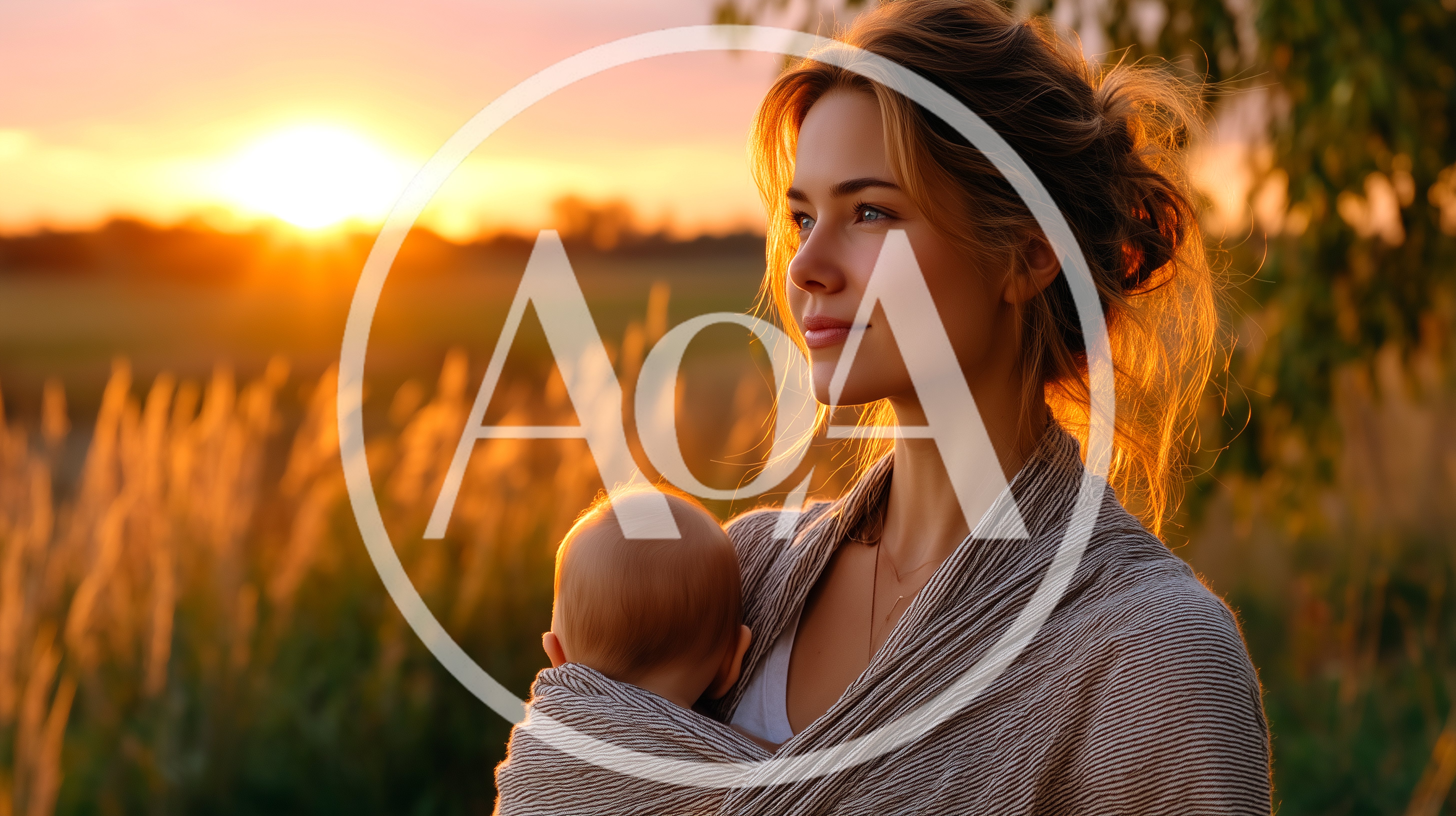 Mother Carrying Baby In Wrap At Sunset