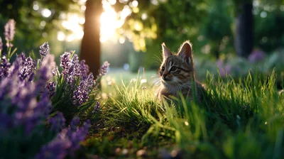 Tabby Kitten Sitting In A Sunny Lavender Garden