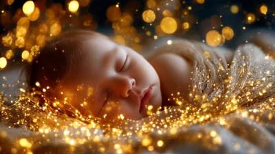 Sleeping Newborn Baby Wrapped In Soft Fabric With Fairy Lights