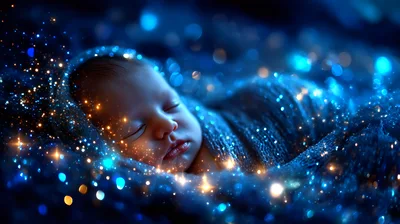 Newborn Baby Sleeping Wrapped In Blue Fabric