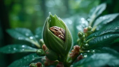 Small Frog Resting Inside A Green Flower Bud