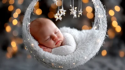 Newborn Baby Sleeping In A Crescent Moon Cradle