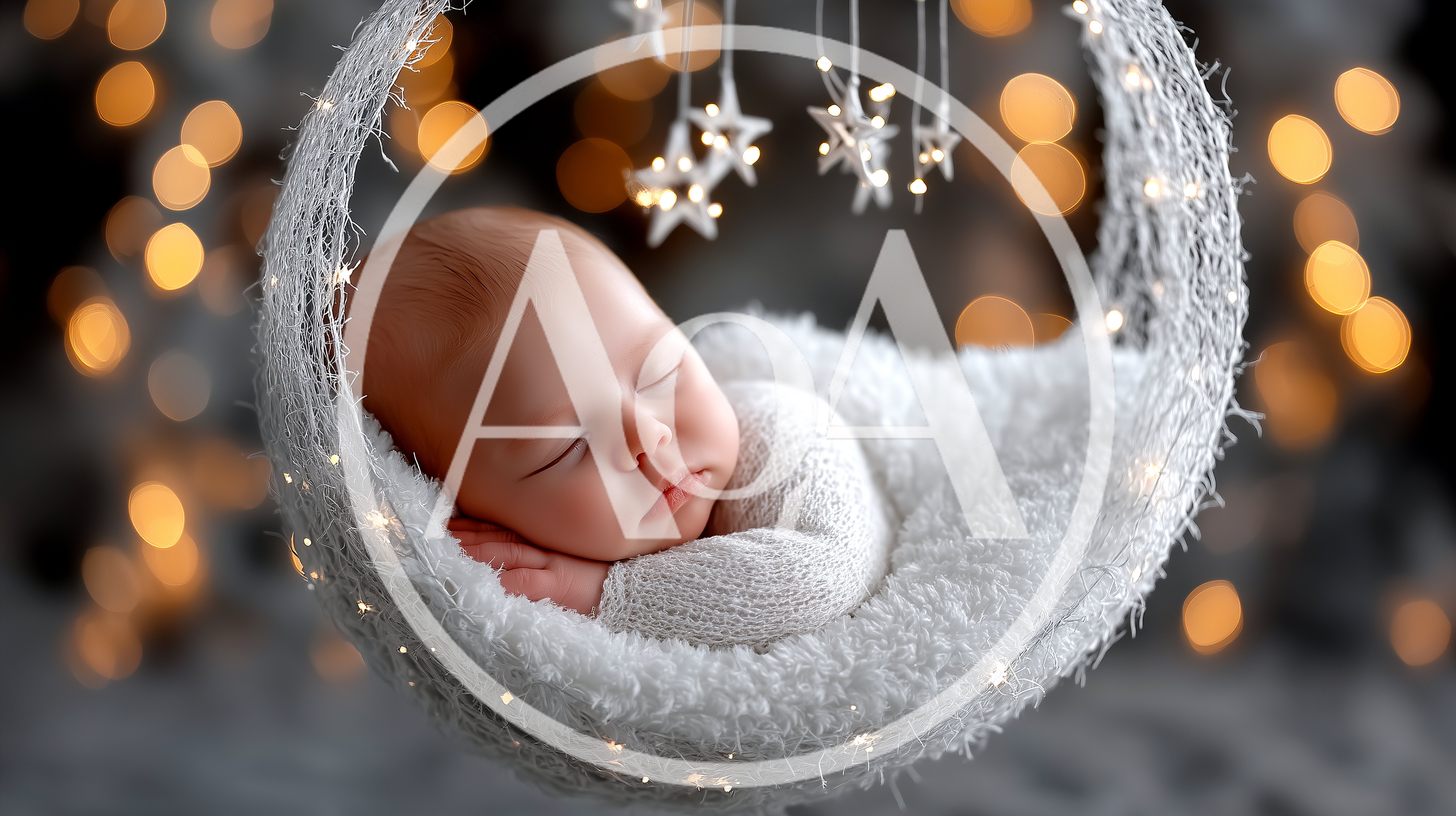 Newborn Baby Sleeping In A Crescent Moon Cradle