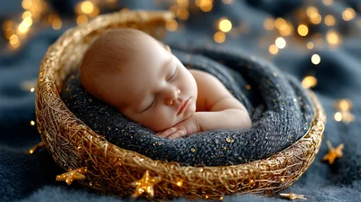 Newborn Baby Sleeping In A Decorative Crescent Moon Basket