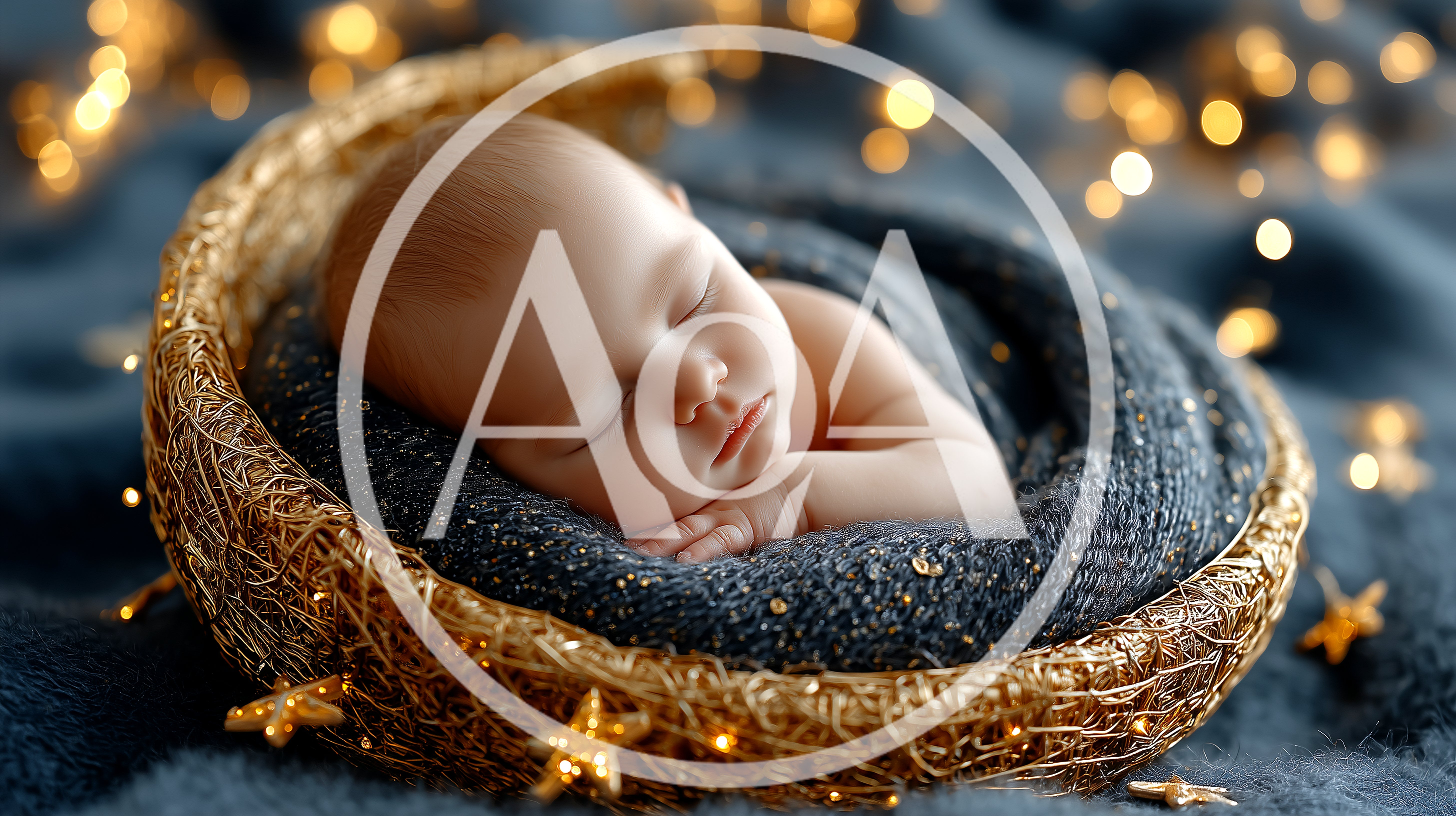 Newborn Baby Sleeping In A Decorative Crescent Moon Basket