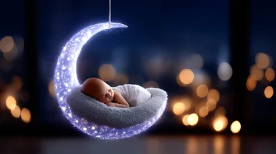 Newborn Baby Sleeping On A Glowing Crescent Moon