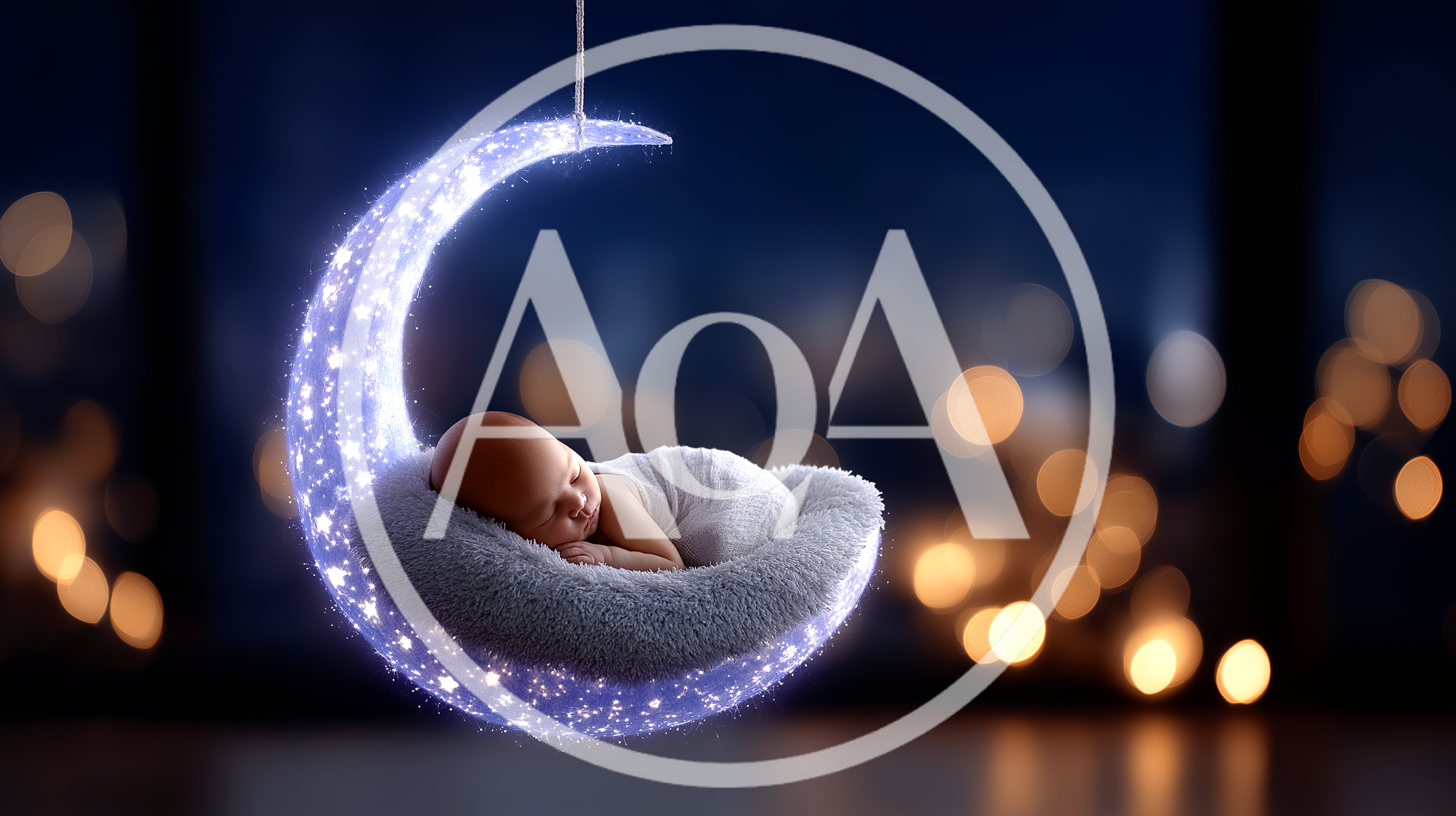 Newborn Baby Sleeping On A Glowing Crescent Moon