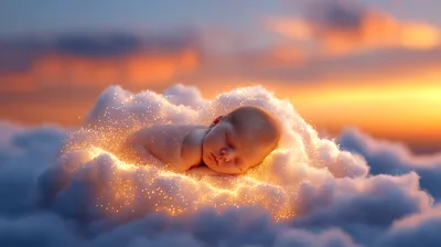 Newborn Baby Sleeping Peacefully On A Glowing Cloud