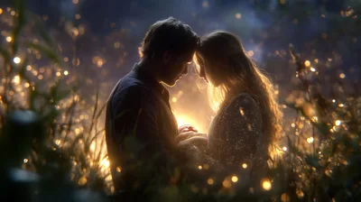 Couple Holding Newborn Baby In Glowing Magical Forest