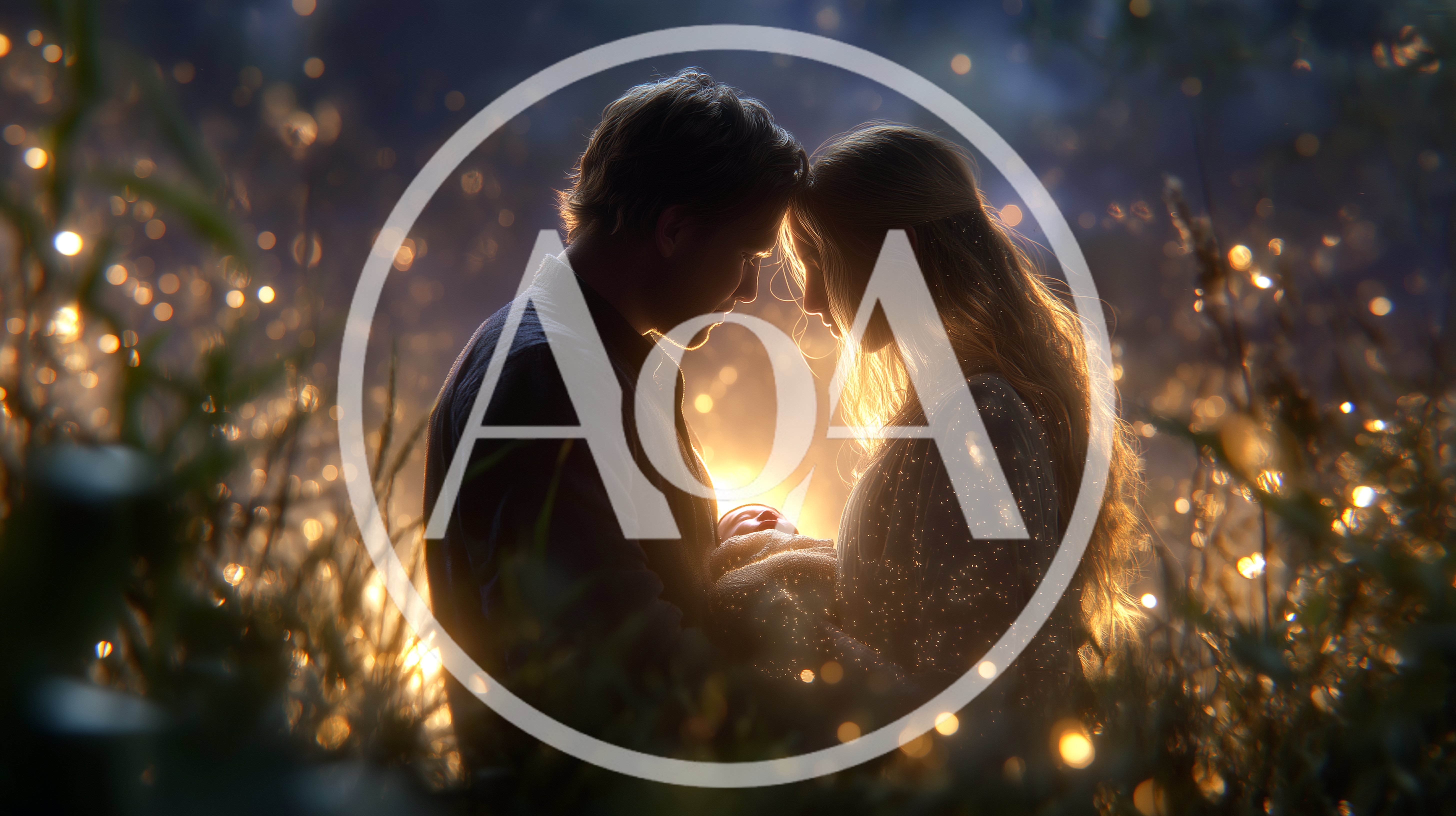 Couple Holding Newborn Baby In Glowing Magical Forest