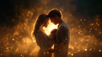 Young Couple Holding Newborn Baby in Golden Light