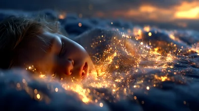 Child Sleeping Amidst Magical Glowing Golden Particles