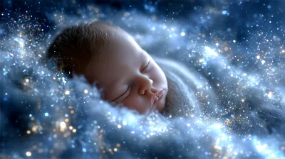 Newborn Baby Sleeping In A Magical Starry Cloud