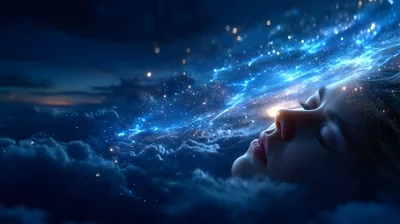 Surreal Dreamer Floating Above Cosmic Clouds