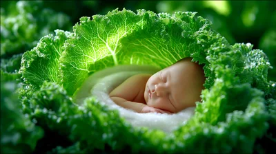 Newborn Baby Sleeping Inside A Fresh Green Cabbage