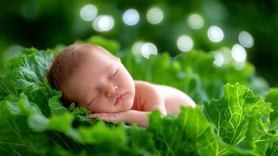 Newborn Baby Sleeping Inside A Large Green Cabbage Leaf