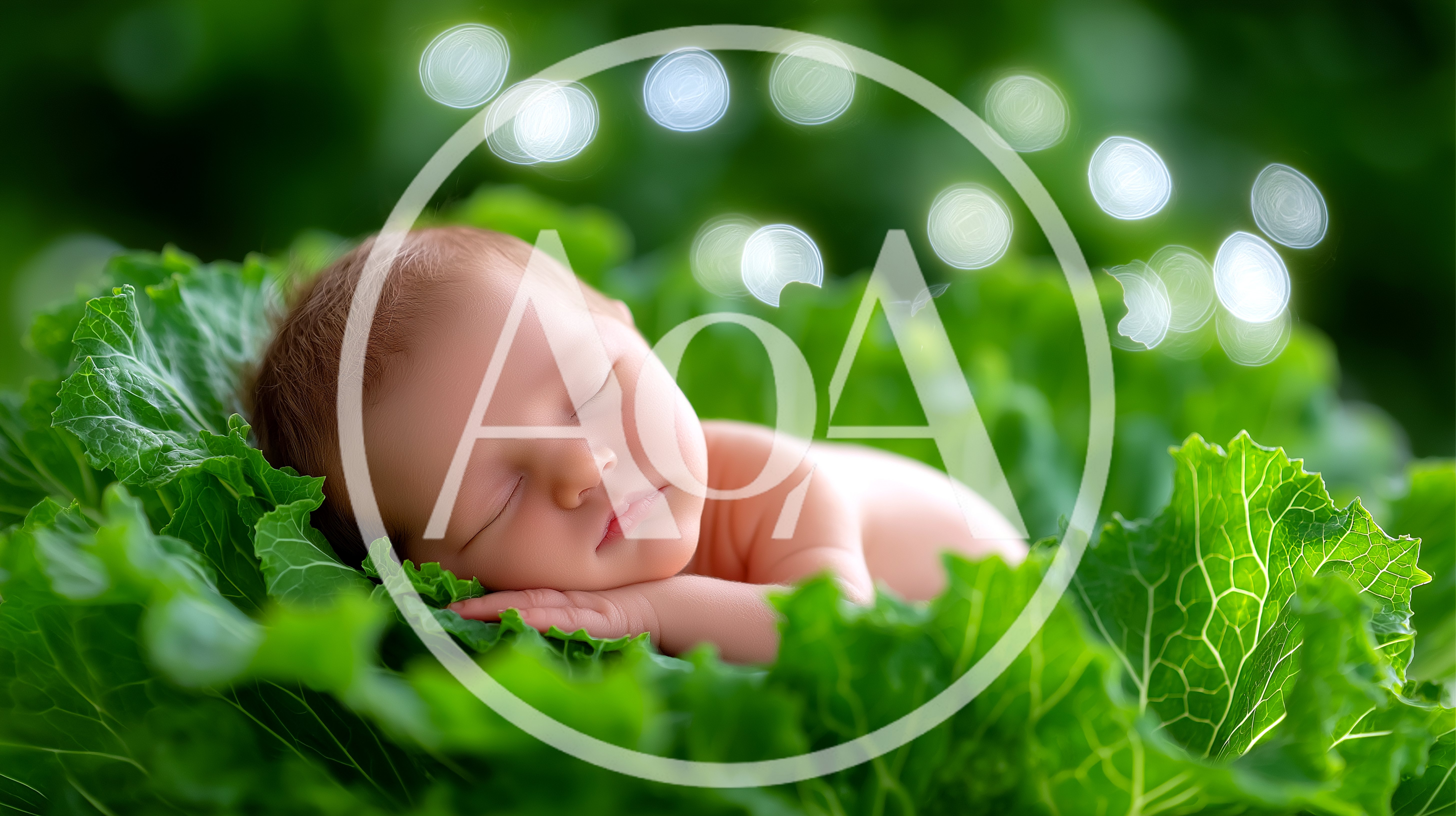 Newborn Baby Sleeping Inside A Large Green Cabbage Leaf