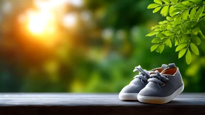 Pair Of Small Baby Shoes On Wooden Surface