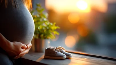 Pregnant Woman Holding Belly With Baby Shoes