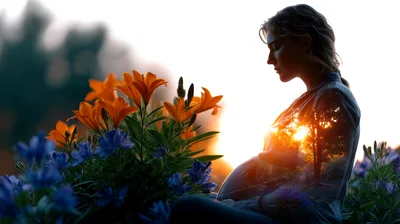 Pregnant Woman Sitting Among Flowers With Double Exposure Effect